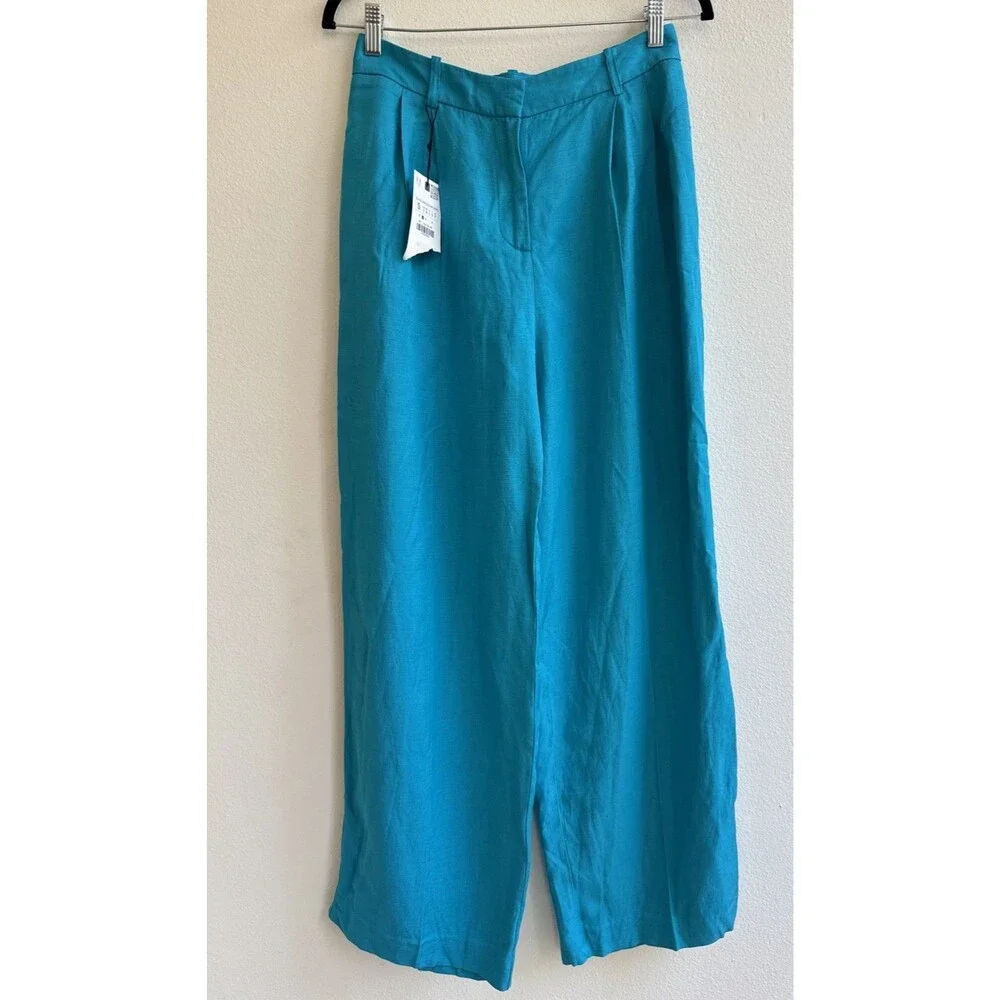 Zara Linen Blend High Rise Wide Leg Turquoise Blue Pants Women’s Small NWT